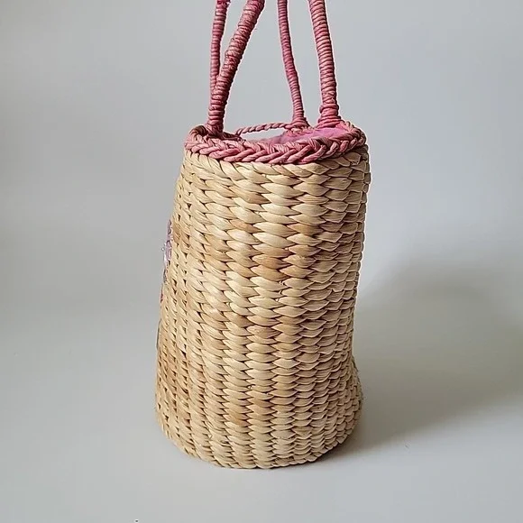 Vintage Handmade Floral Embroidered Straw Tote Bag Beach Mod Resort Retro - Picture 4 of 16